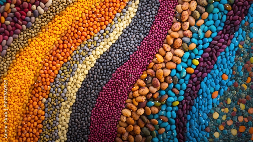 Poster A vibrant arrangement of beans, lentils, and seeds showcases an abstract pattern in assorted colors and textures, creating visual interest. Generative AI