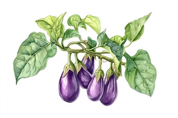 Watercolor illustration of an eggplant plant on a white background