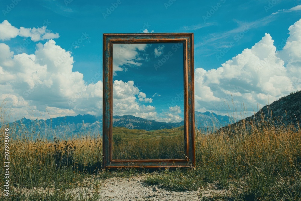 Poster the reflection showcases rolling hills and vibrant greenery, creating a tranquil atmosphere against 