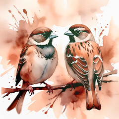 Two sparrows on a branch. Love concept. Valentine day card. Watercolor painting.