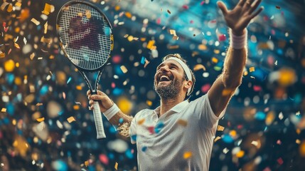 A man is holding a tennis racket and smiling while surrounded by confetti