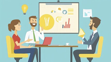 Collaborative Brainstorming Session, relaxed group discussing ideas, engaging presentation on flip chart, dynamic exchange of thoughts, fostering creativity and teamwork.