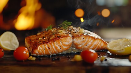 Juicy Grilled Salmon Fillet Steak with Crispy Skin and Spices Image