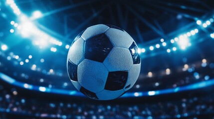 Naklejka premium A soccer ball is in the air in a stadium