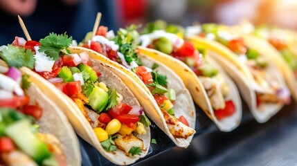 Colorful tacos filled with fresh vegetables and grilled chicken are lined up on a tray, AI