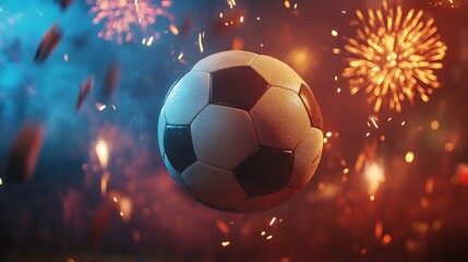 Fototapeta premium A soccer ball is in the air with fireworks in the background