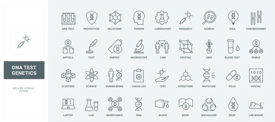 Genetic analysis, chemistry and biotechnology, pharmaceutical research line icons set. DNA structure and chromosome test, animal experiment, GMO thin black outline symbols vector illustration.