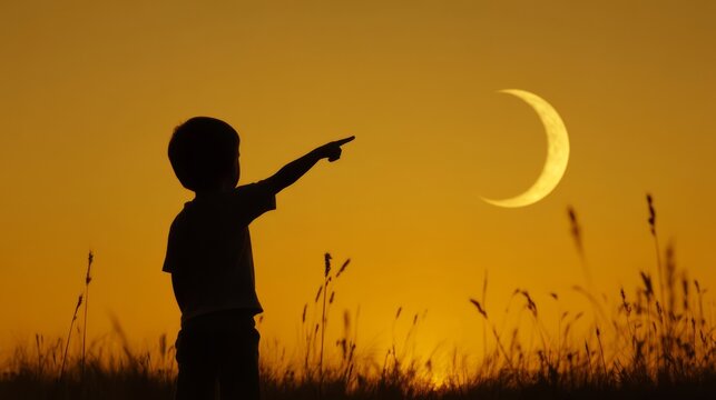 Silhouette of a young boy pointing at the crescent moon during a sunset.