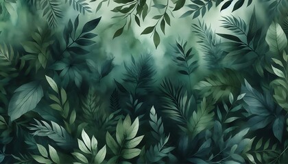  Deep forest green watercolor background with overlapping foliage, giving rich, natural, and earthy feel,minimalistic leaves background
