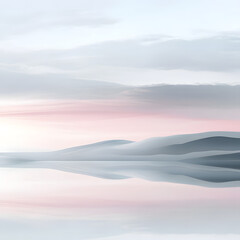 Tranquil Transcendent Pink Landscape with Reflective Water Surface and Soft Clouds – Serene Captivating Scenery