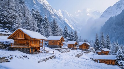 Cozy Winter Retreat in Himalayan Village, traditional wooden lodges surrounded by snow, conveying warmth and tranquility in a serene mountainous landscape