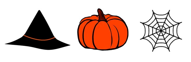 Halloween Icons Set with Witch Hat, Pumpkin, and Spider Web Illustration for Seasonal Designs and Decorations. Illustration