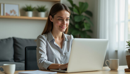Woman Working on Laptop at Home