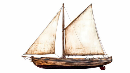 Vintage wooden sailboat with rustic sails isolated on white background, showcasing nautical craftsmanship and timeless maritime design. Rustic. Illustration