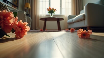 Interior room with scattered flower petals, warm lighting, cozy atmosphere, comfortable furniture, and a sense of tranquility. Generative, AI,
