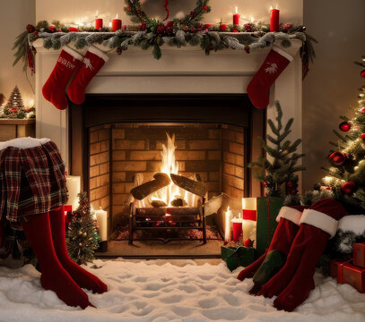 Christmas Stockings Hanging Over a Cozy Fireplace
