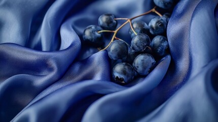 Blue grapes rest on a luxurious silk fabric, creating a contrast of smooth textures. the rich, deep hues of the grapes and fabric complement each other, offering a sense of elegance and sophistication