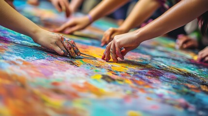 Collaborative Mural Creation, artists' hands unite in a vibrant display of creativity, teamwork, and shared vision, illustrating the power of collaboration in art.