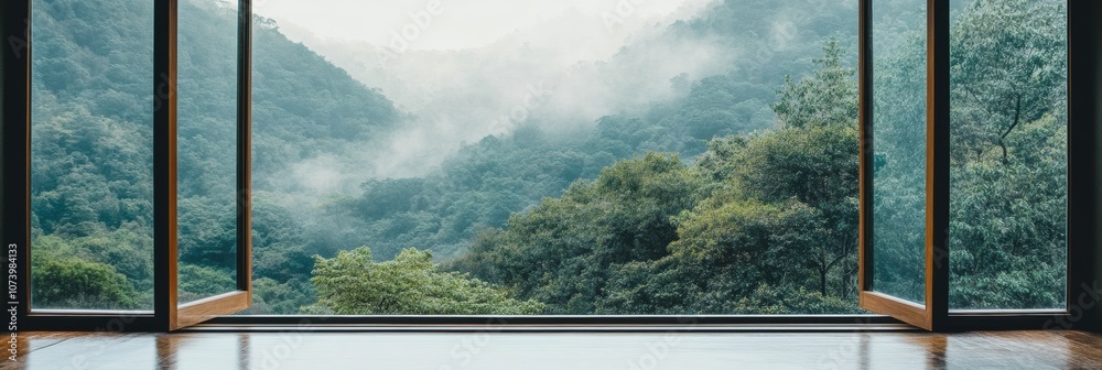 Poster an open window reveals a serene forest with mist rising among lush greenery, capturing the calm of e