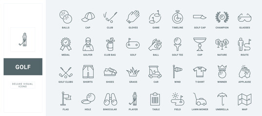 Bag of clubs and ball for hole on grass field, course map and champion award thin black outline symbols vector illustration. Golf equipment and professional tournament of players line icon set.