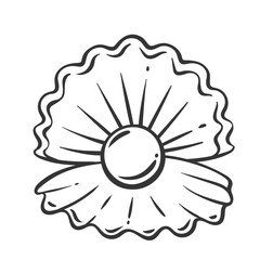 Open shell with pearl line icon. Outline hand drawn vintage clam, front view of seashell with two valves, pearl inside. Luxury jewelry, mollusk mascot, simple cockleshell icon vector illustration
