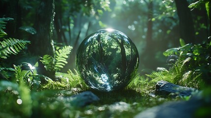 Magical Sphere Glowing Amidst Forest Plants Mystical Scene Image