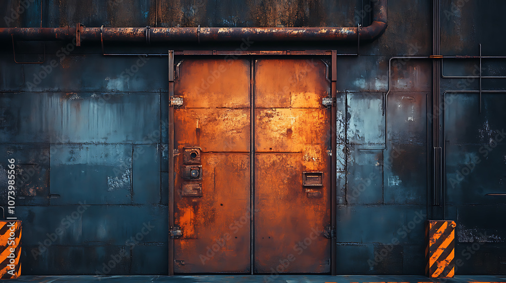 Poster rusty sci-fi door in a dimly lit industrial setting