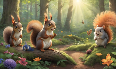 A joyful squirrel surrounded by new forest friends