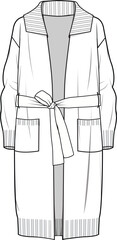 Women's Chunky Self-Tie Coatigan. Technical fashion illustration. Front, white color. Women's CAD mock-up.
