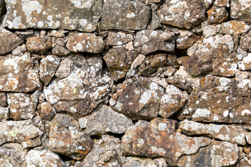 A wall made of rocks with moss growing on it