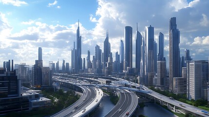 Majestic Dubai Cityscape with Highways Full of Traffic Image
