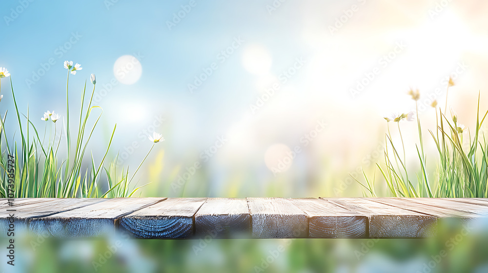 Poster beautiful spring background with green grass and a wooden table top, copy space for product presenta