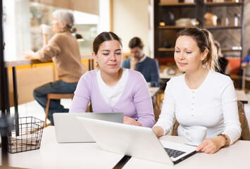 Obraz premium Two young women sitting at table, using laptop and enjoing cup of tea in coffee house. Modern female lifestyle concept