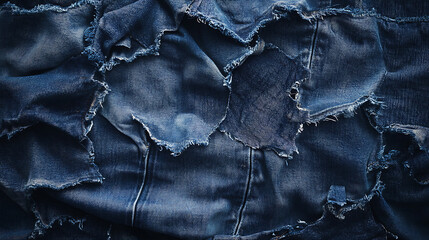 Naklejka premium Frame of denim blue jeans fabric with ripped details, Recycled old jeans denim piece showcasing a seam fragment
