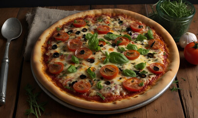 Pizza on a wooden table, creating coziness and warmth