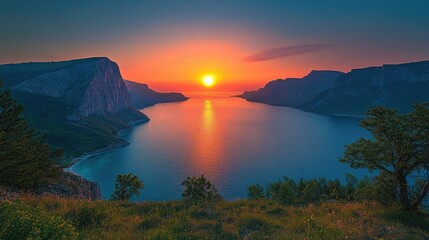 A breathtaking view of a lake surrounded by mountains at sunset, with the sun setting in the distance.