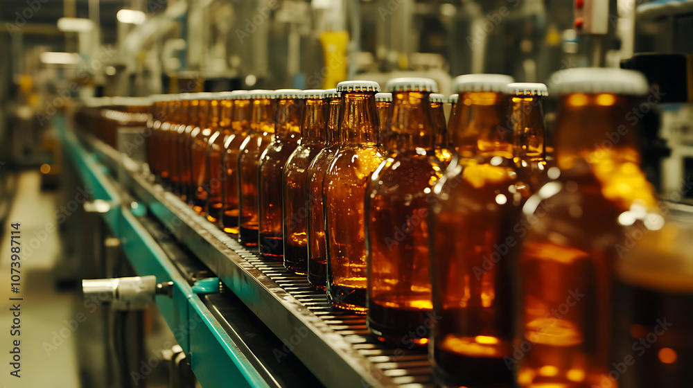Aufkleber automated beverage production line in modern factory bottles on conveyor belt system
