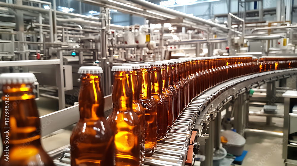 Aufkleber automated beverage production line in modern factory bottles on conveyor belt system