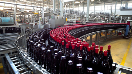 Automated beverage production line in modern factory bottles on conveyor belt system