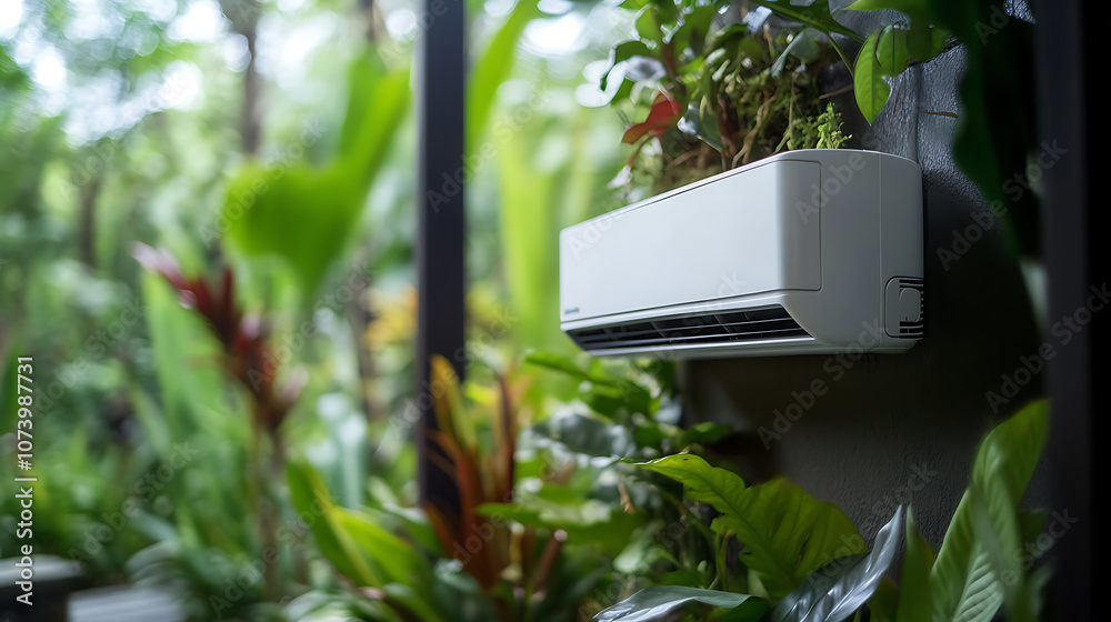 Poster closeup of a ductless split air conditioner unit installed in a lush garden setting modern hvac tech