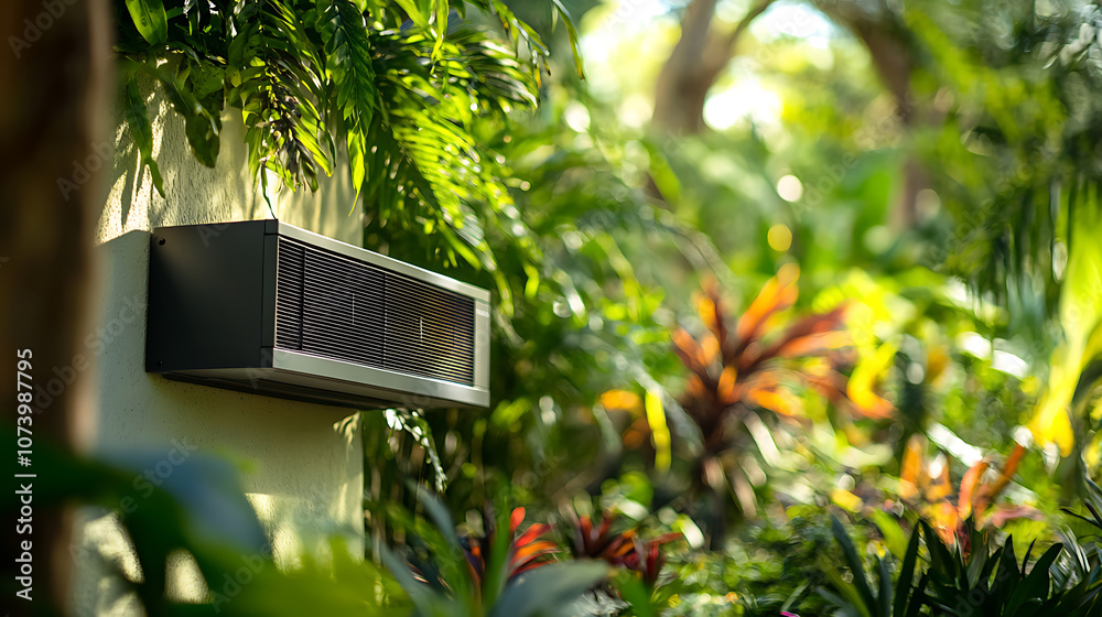 Aufkleber closeup of a ductless split air conditioner unit installed in a lush garden setting modern hvac tech