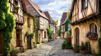 Fototapeta premium Charming medieval village illustration with halftimbered houses and cobblestone streets digital painting