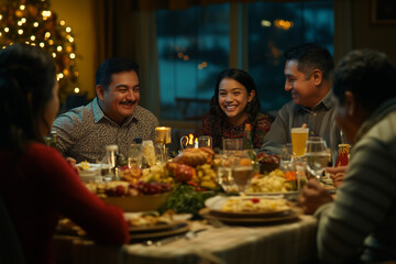 Happy Latino Hispanic Family Eating Thanksgiving Dinner Meal Together at Dining Room Table
