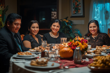 Happy Latino Hispanic Family Eating Thanksgiving Dinner Meal Together at Dining Room Table