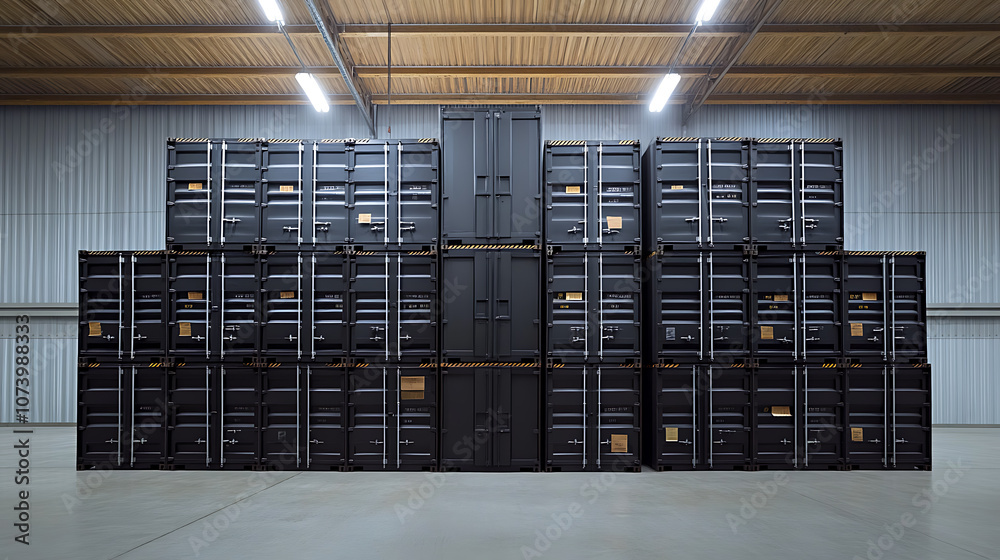 Aufkleber stacked cargo containers in a warehouse are prepared for temporary storage, loading, unloading, and 