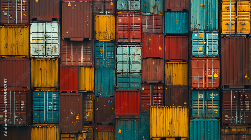 Poster stacked cargo containers in a warehouse are prepared for temporary storage, loading, unloading, and 