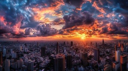 Obraz premium A stunning sunset over a sprawling city skyline, showcasing a vibrant array of colors and dramatic clouds.