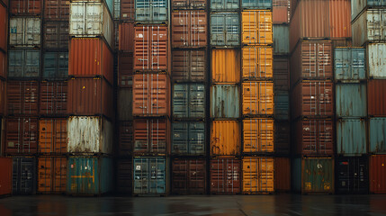 Fototapeta premium Stacked cargo containers in a warehouse are prepared for temporary storage, loading, unloading, and sorting at a container point, exemplifying cargo transportation logistics