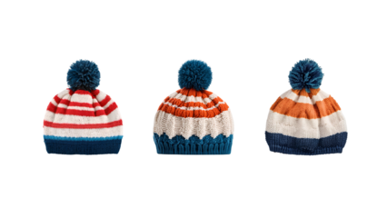 Set of knitted hats with pom pom, striped wool hats 
