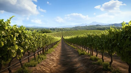 Naklejka premium Scenic view of a lush vineyard under a bright blue sky, showcasing rows of green grapevines stretching into the distance.